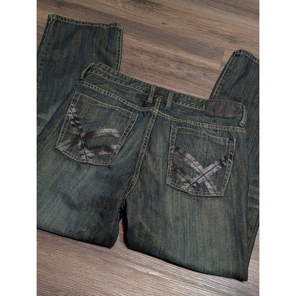 Kenneth Cole Reaction Mens 34x30 Bootcut Jeans Dark Wash Whiskered Y2K Grunge